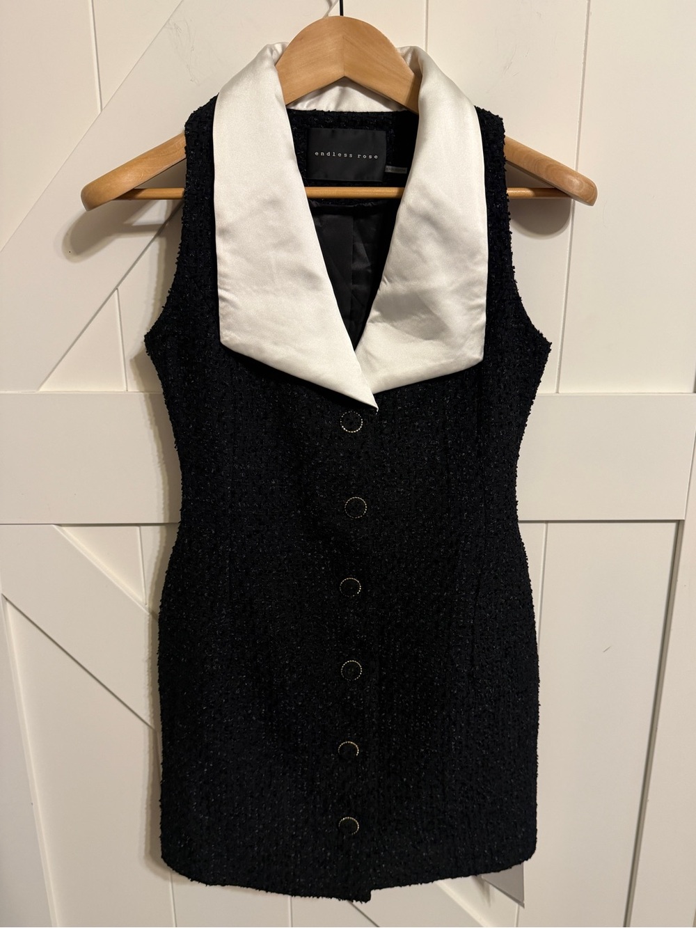 New Endless Rose Black Tweed Mini Dress with White Satin Collar Women’s Small